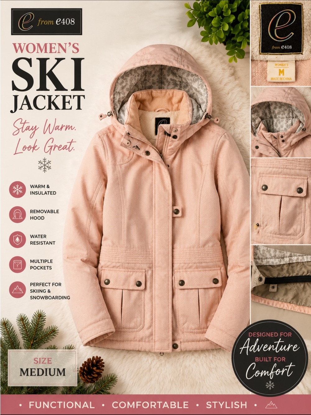 e408 Women’s Pink Insulated Ski / Snowboard Jacket - Size Medium